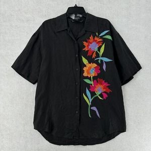 IB Diffusion 100% Linen Shirt Womens 6 Black Embroidered Floral Short Sleeve Top